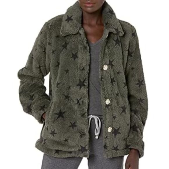 NWT PJ Salvage Cozy Button Up Jacket w/ Pockets in Olive Green Black Stars Small - Picture 1 of 16